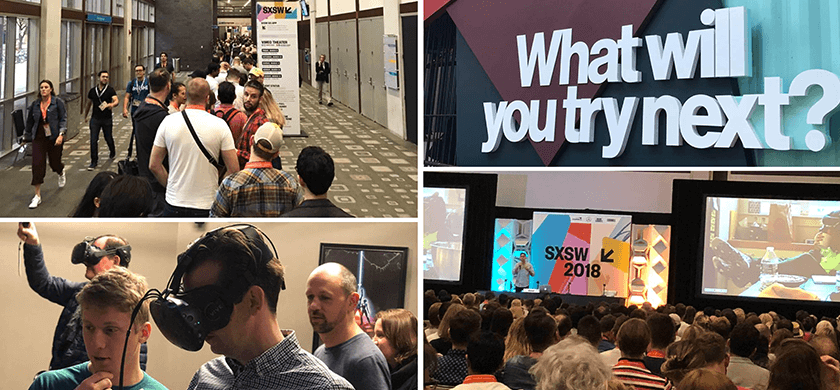 BrandTrust besucht SXSW: Vier Bilder, die verschiedene Eindrücke von der SXSW 2018 Konferenz zeigen: Ein überfüllter Gang mit Teilnehmern, die in langen Reihen gehen; Menschen, die VR-Brillen tragen und eine virtuelle Realität erleben; ein großes Banner mit der Frage 'What will you try next?' in 3D-Text; eine Präsentation auf der Bühne vor einem vollen Auditorium.