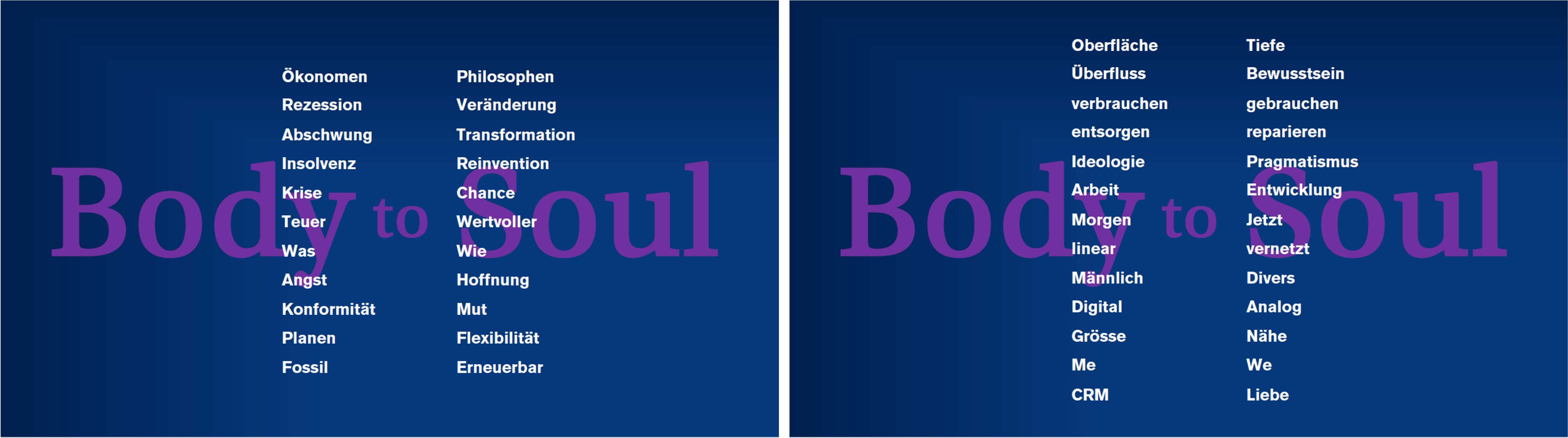 Das Bild zeigt zwei Listen, die miteinander kontrastiert werden. Auf der linken Seite sind Begriffe wie „Ökonomen“, „Krise“, „Angst“ und „Fossil“ zu sehen, die tendenziell negative, traditionelle oder problemorientierte Konzepte widerspiegeln. Auf der rechten Seite dagegen finden sich Begriffe wie „Philosophen“, „Transformation“, „Hoffnung“ und „Liebe“, die eher mit positiven, zukunftsorientierten und kreativen Gedanken verbunden sind. Diese Gegenüberstellung visualisiert eine Veränderung der Perspektive von der physischen, materiellen Ebene („Body“) hin zur geistigen, emotionalen und spirituellen Ebene („Soul“). Die Worte spiegeln eine Bewegung von Herausforderungen zu Lösungen und von materiellen zu immateriellen Werten wider.